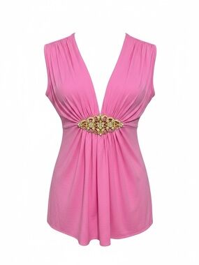 Boston Proper Hot Pink Low V-Neck Gold Embellishment Romantic Top Sz S USA Made